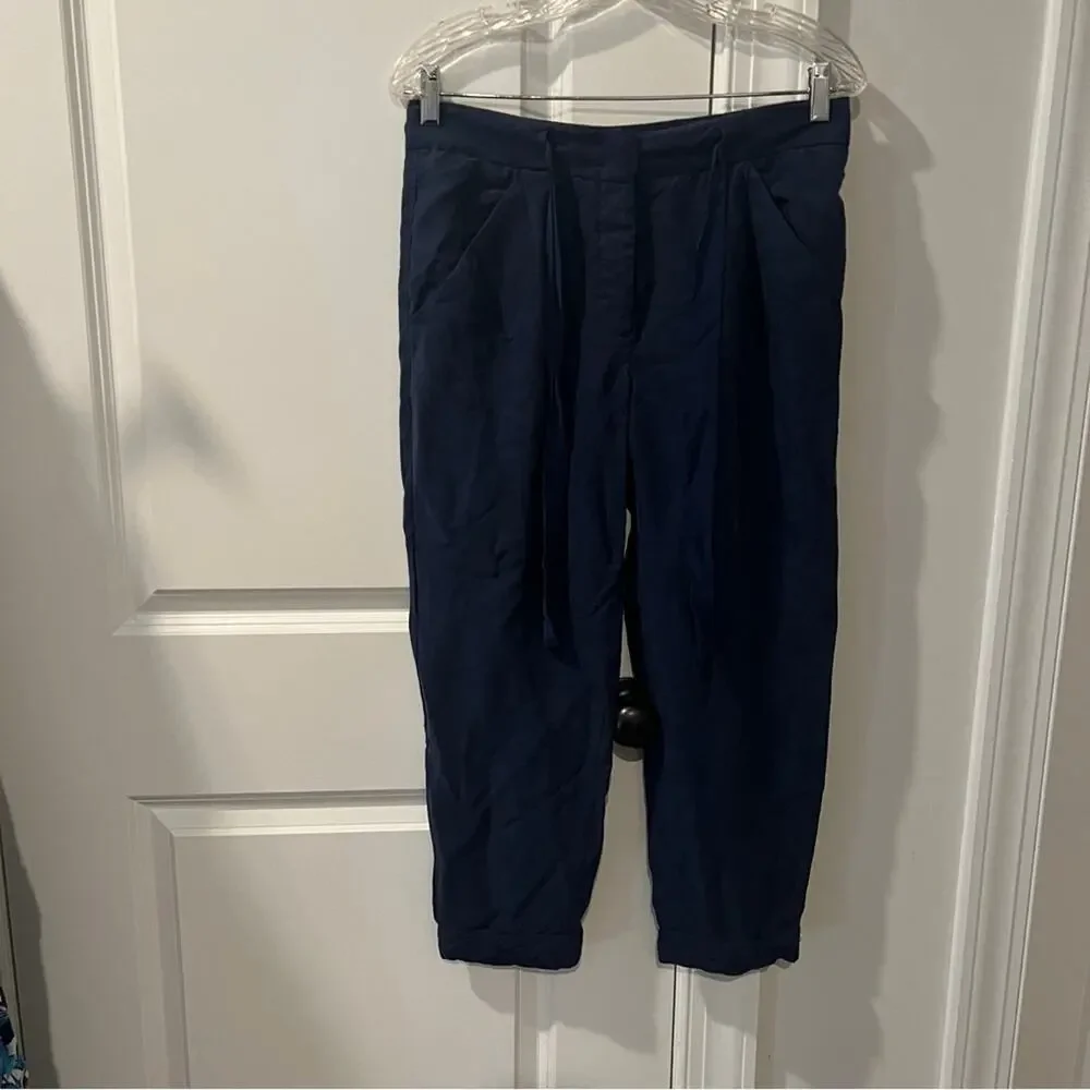 $148 Aritzia Wilfred 4 Linen Blend Button Fly Navy blue crop pants